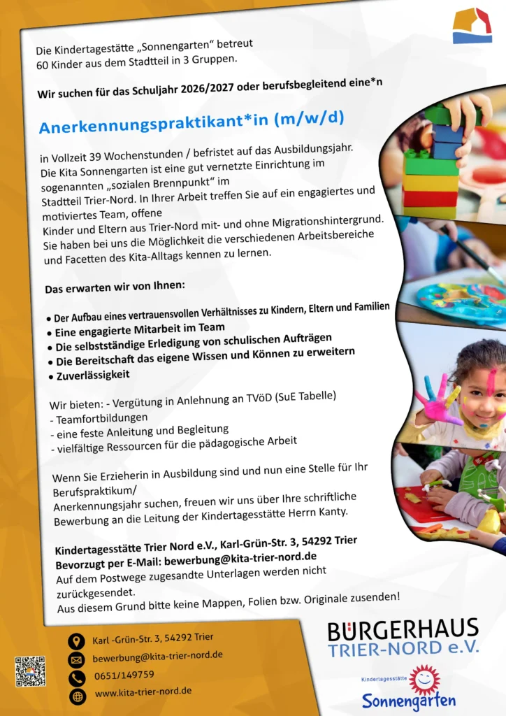 Stellenausschreibung KitaAnerkennungsjahr